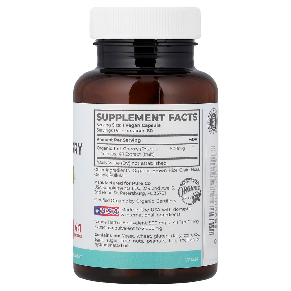 Pure Co., органическая вишня, 60 веганских капсул (500 мг в 1 капсуле)