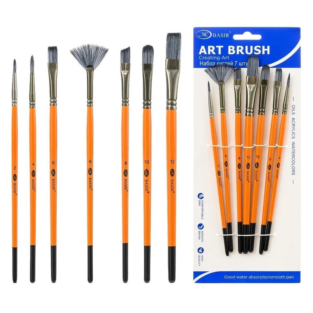 Кисть для рисования Basir художественная, нейлон, плоские, № 2,4,6,6,8,10,12, набор из 7 шт