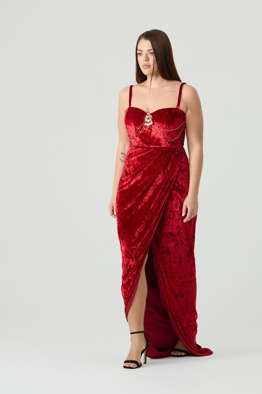 Платье из бархата макси с разрезом, красный