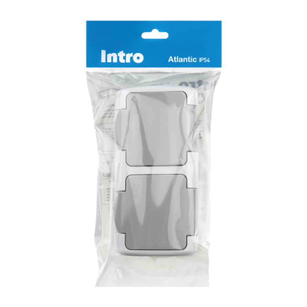 Розетка Intro Atlantic 5-204-03 двойная с заземлением 2х2P+E Schuko шторки 16А-250В IP54 ОУ серый | Intro