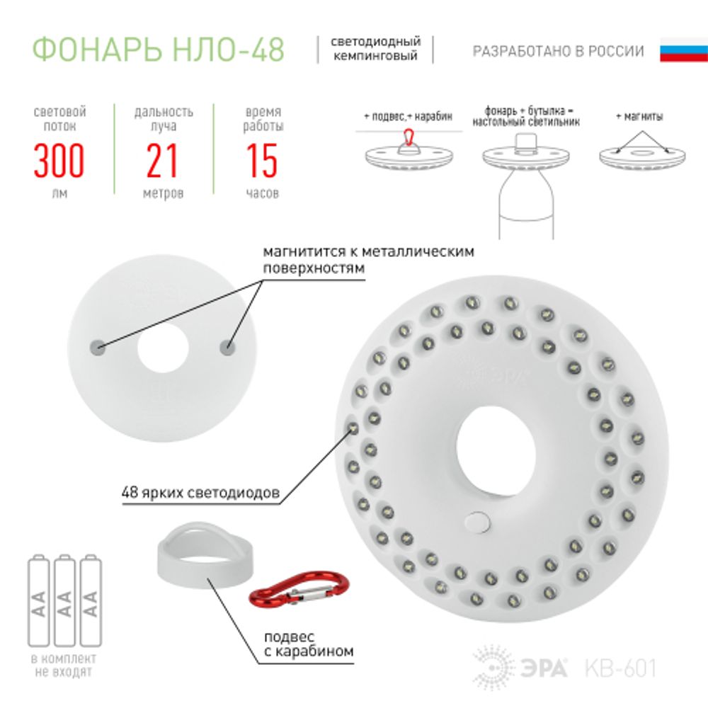 Фонарь кемпинговый светодиодный ЭРА KB-601 НЛО на батарейках с магнитом и карабином походный яркий светильник | Кемпинговые фонари
