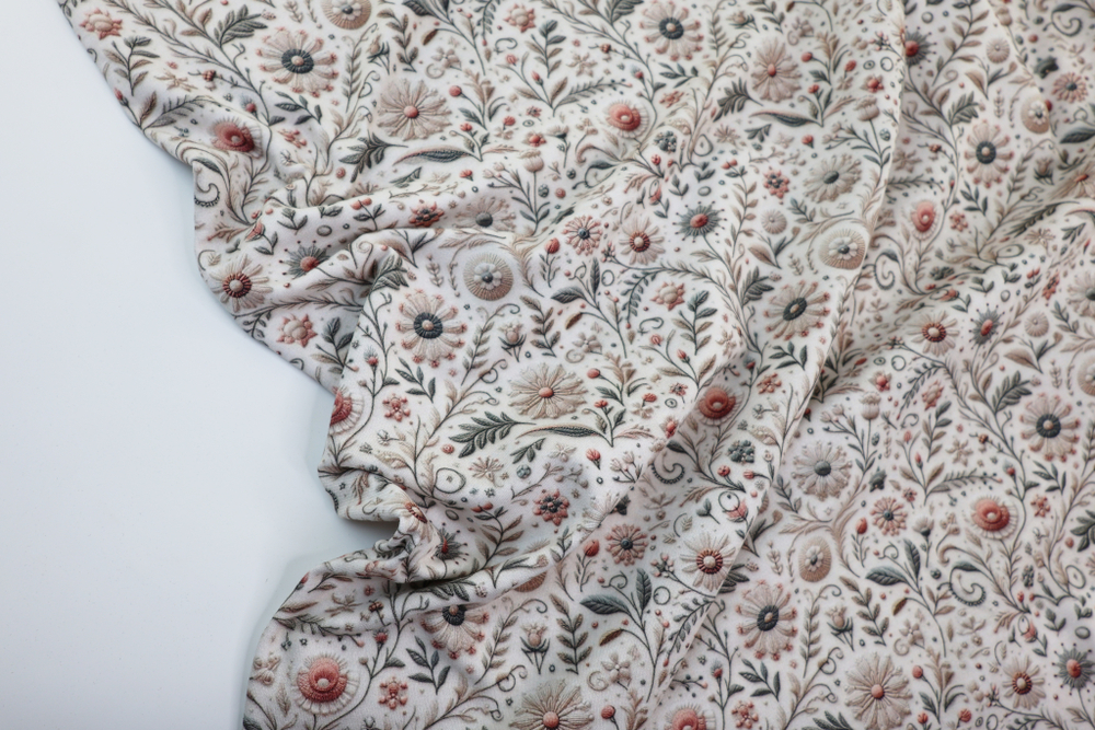 ВЫШИТЫЕ ЦВЕТЫ НА КРЕМОВОМ - Футер 2х-нитка с лайкрой, компакт пенье (ДЖ69 Маша)