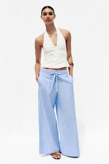 ZARA ШИРОКИЕ БРЮКИ ИЗ ПОПЛИНА В ПОЛОСКУ, СИНИЙ/БЕЛЫЙ