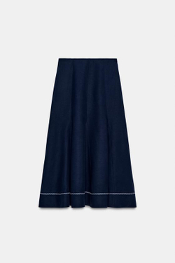 ZARA РАСКЛЕШЕННАЯ ЮБКА МИДИ С ВЫШИВКОЙ, ЧЕРНИЛЬНО-СИНИЙ
