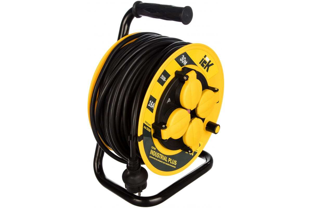 Удлинитель силовой на катушке с термозащитой 4 места 3500Вт 30м 3х1,5мм2 IP44 INDUSTRIAL PLUS IEK