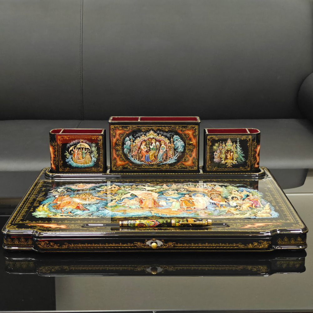 Настольный письменный набор с ручной росписью VIP в подарочном фуляре