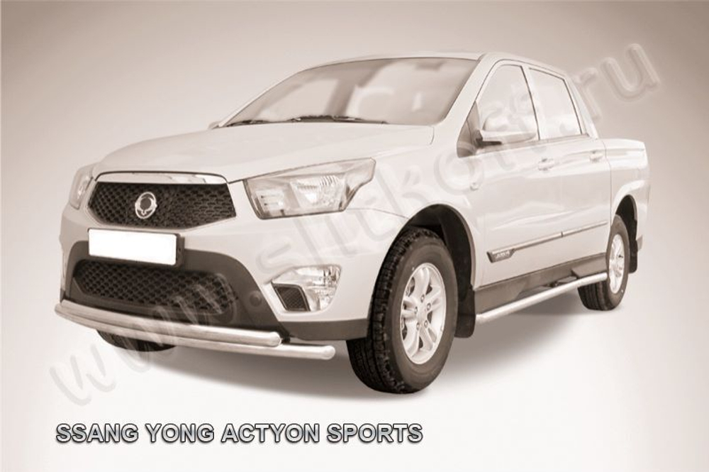 Защита переднего бампера (нержавейка) SsangYong Actyon Sport (2012-2016) d57+d57 радиусная
