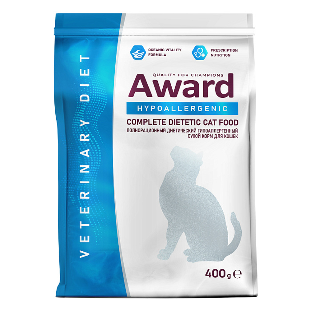 Сухой диетический корм для взрослых кошек AWARD VETERINARY DIET HYPOALLERGENIC при аллергии или пищевой непереносимости 0,4 кг