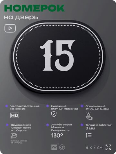 Номерок на дверь квартиры 15, для кабинета, офиса, шильдик 9 х 7 см, черный, Айдентика Технолоджи