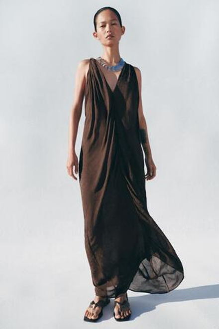 ZARA ЖАККАРДОВОЕ ПЛАТЬЕ МИДИ — ZW COLLECTION, ШОКОЛАДНЫЙ