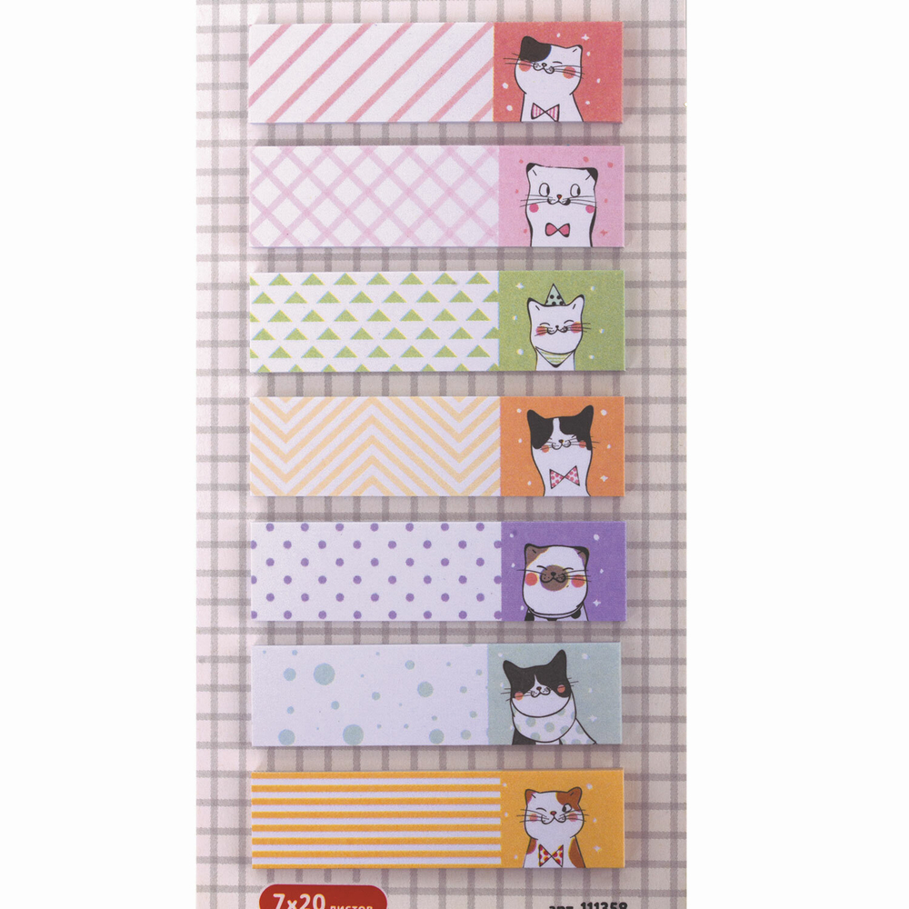 Закладки клейкие ЮНЛАНДИЯ бумажные "Котики", 45х12 мм, с печатью, 140 штук (7 цветов х 20 листов), 111358