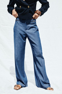 ZARA ШИРОКИЕ БРЮКИ СО ШЛЕВКАМИ, СИНИЙ