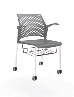 стул Rewind на 4 ногах и колесах, каркас белый, пластик серый, с открытыми подлокотниками, с подседельной корзиной, сиденье и спинка без обивки
