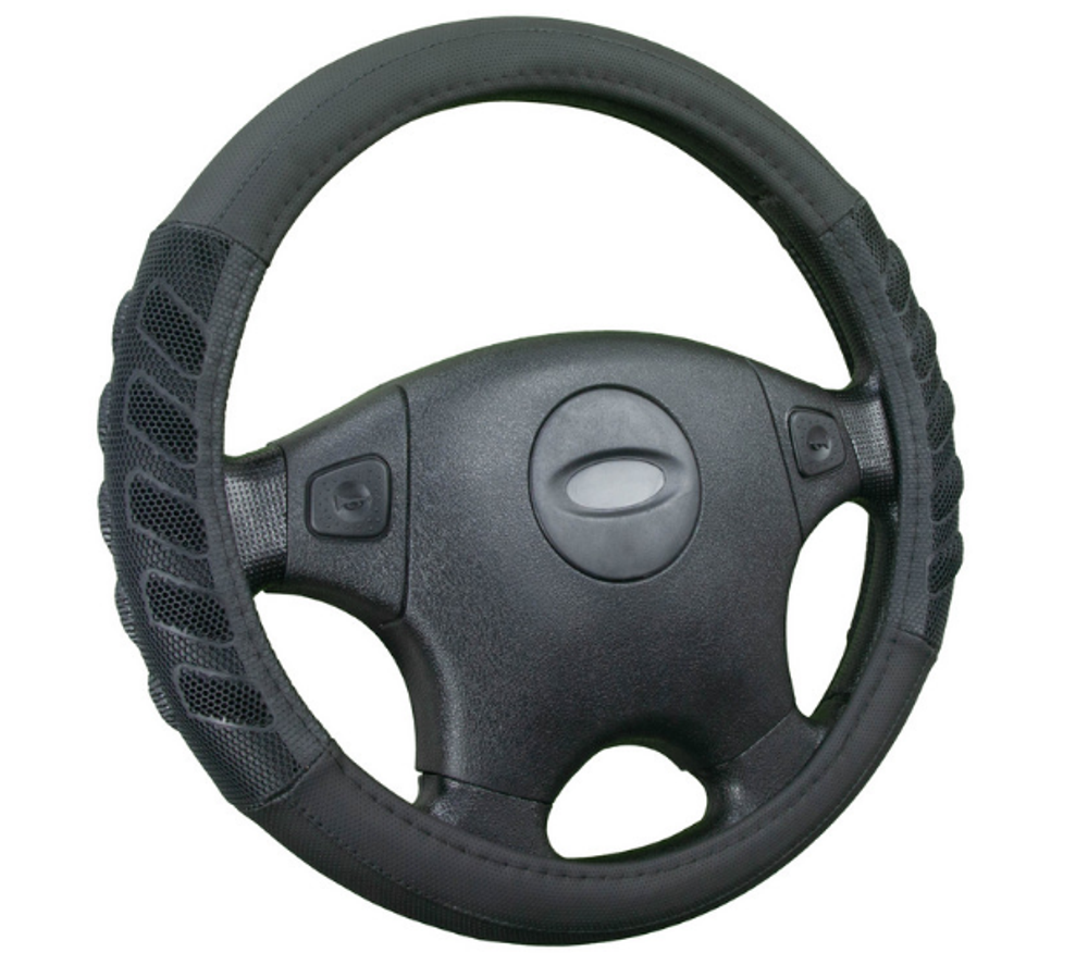 Оплетка на руль круглая CarFashion -М- «GRID» 31548 - Экокожа - черный/черны Пористые рельефн встаки