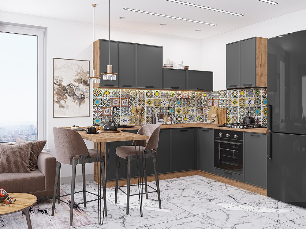 Угловая модульная кухня Фрейм-03 Stormy Silk - Дуб Вотан 2140*2200/2000*600