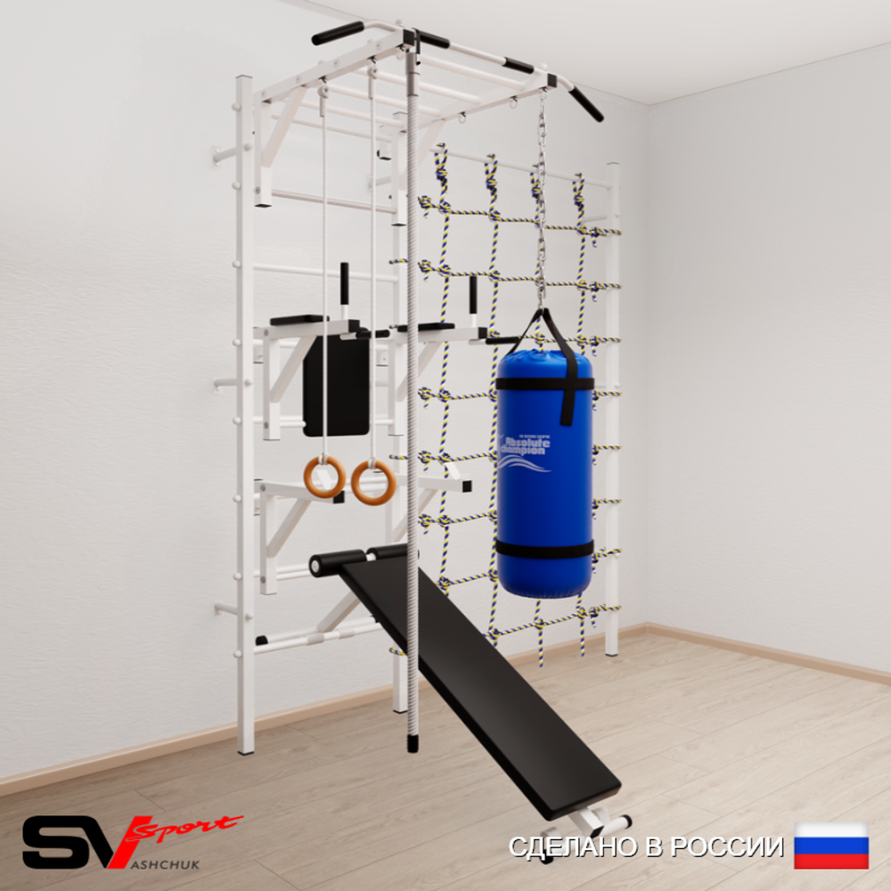 Шведская стенка Sv Sport усиленная 66410 (Турник рукоход/Брусья/Стойка/Скамья/Канат/Кольца/Цепь/Мешок 15кг/Канатный лаз)
