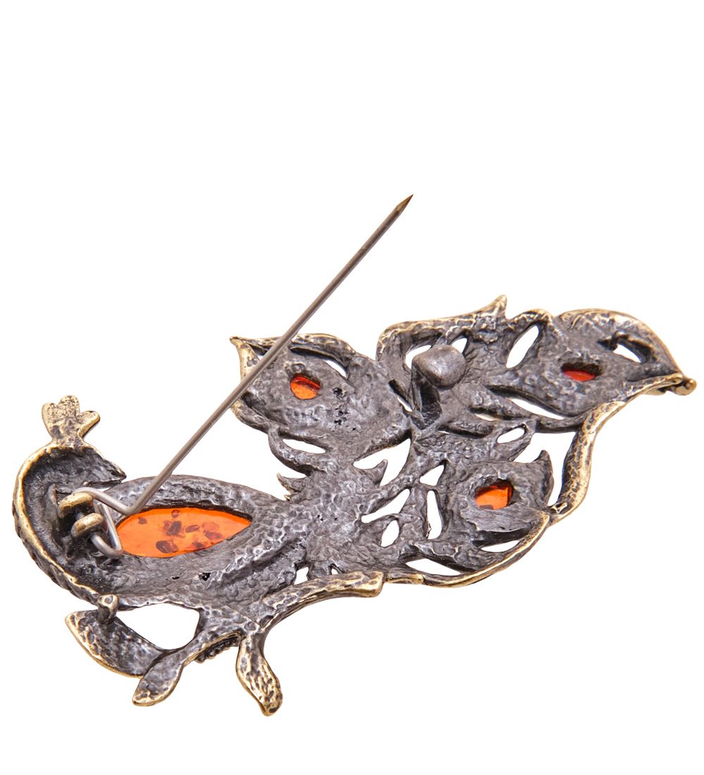 AM-3485 Брошь «Павлин Волшебный» (латунь, янтарь)