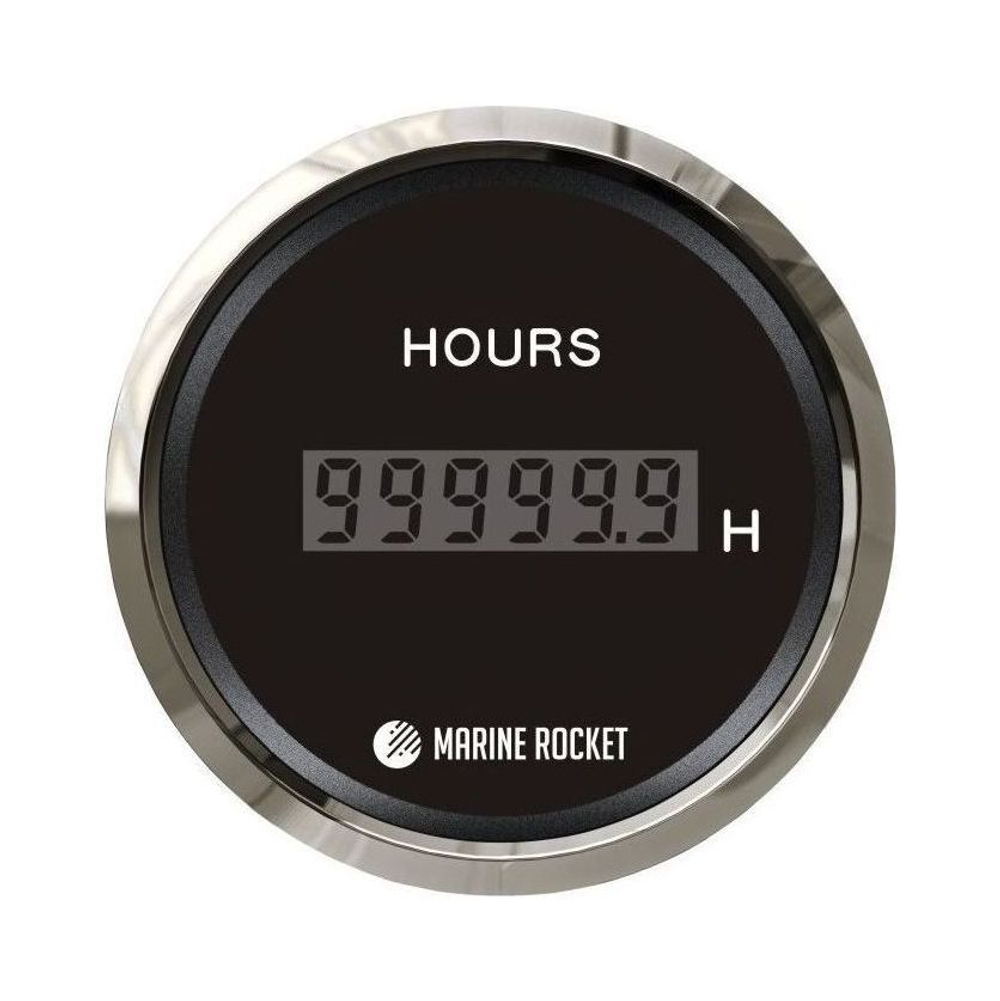 Счетчик моточасов цифровой 0-99999, 9 ч., черный циферблат, нержавеющий ободок, д. 52 мм, Marine Rocket