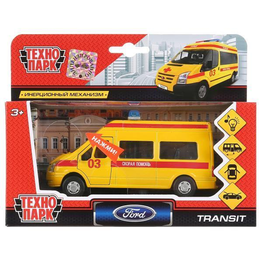 Модель ин. мет. "Ford Transit. Реанимация" 13см. звук-свет, дв., баг. коробка SB-13-02-A-WB (Технопарк)
