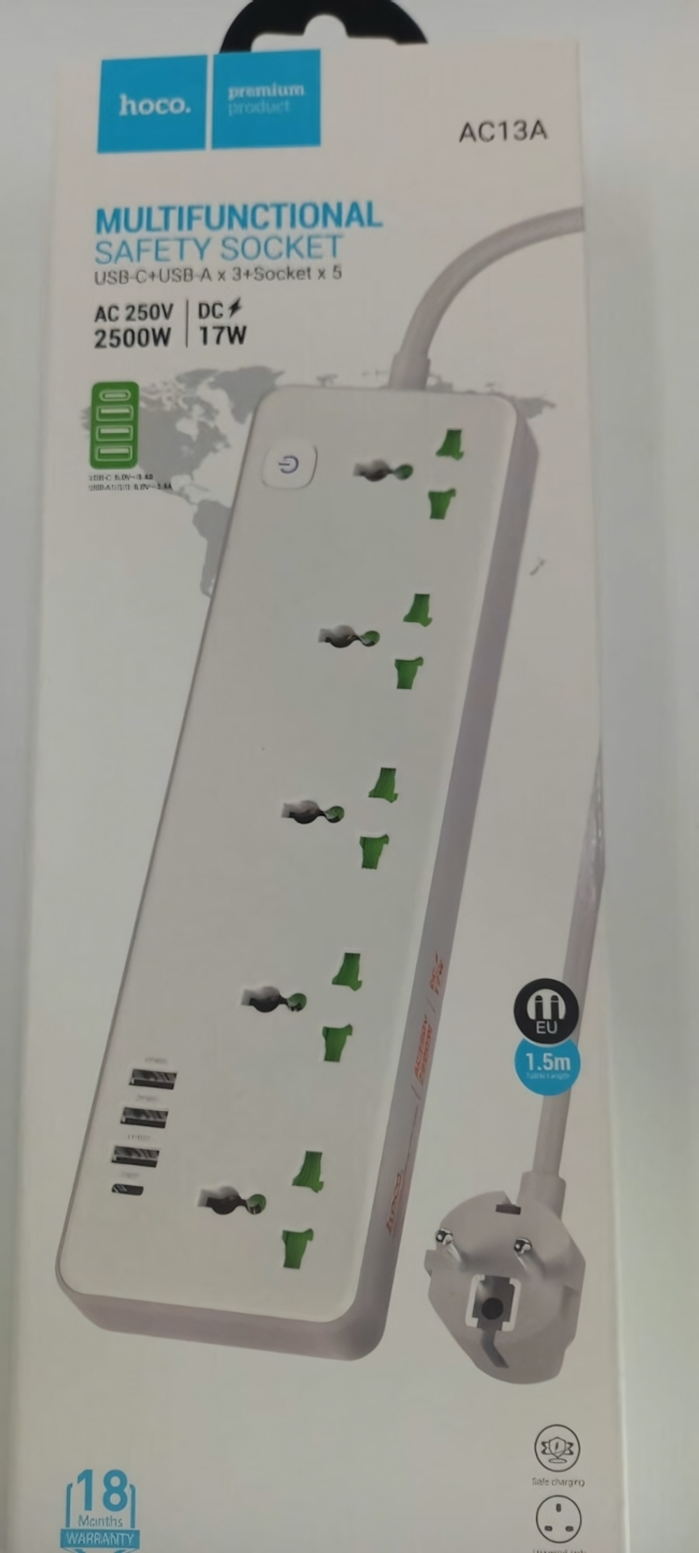 Фильтр сетевой HOCO AC13A, 250V/10A 5 розеток, 17W 3.4A Type-C+3xUSB, 1.5m White