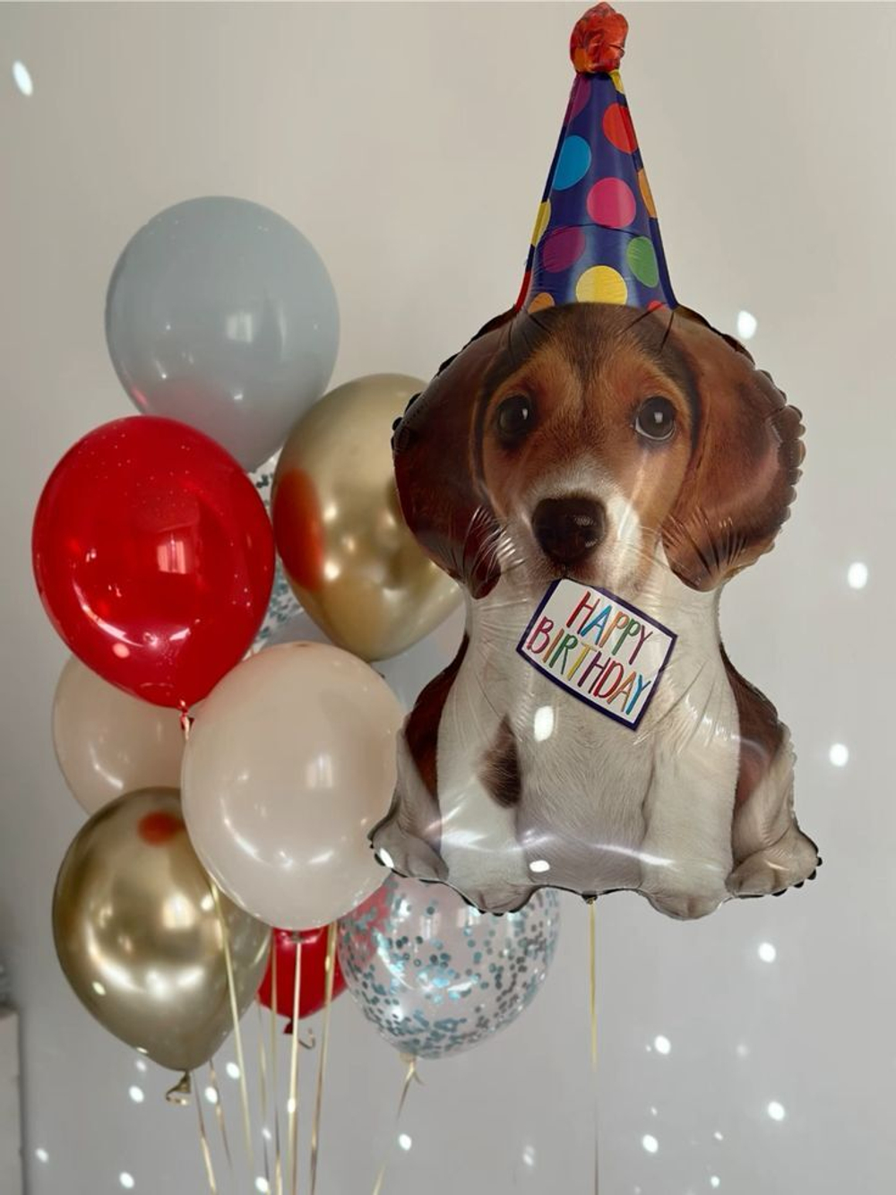 Фольгированный шар-фигура «Щенок в праздничном колпаке» 74 см/ 104 см
