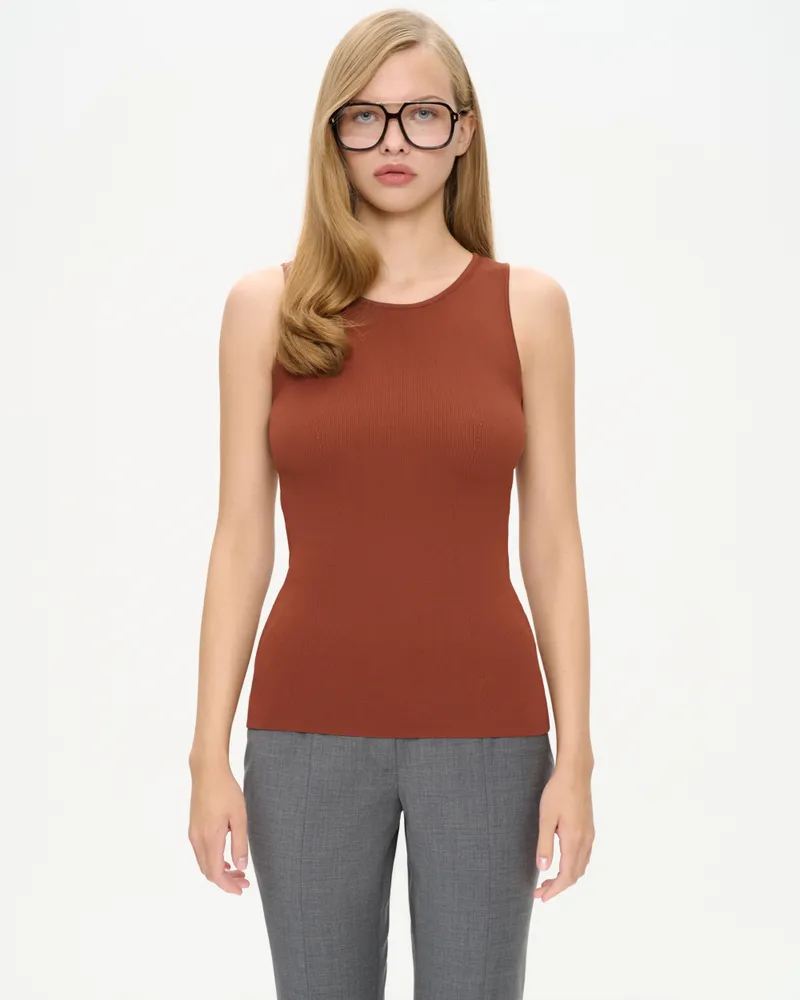 Терракотовый топ из вискозы в рубчик с круглым вырезом