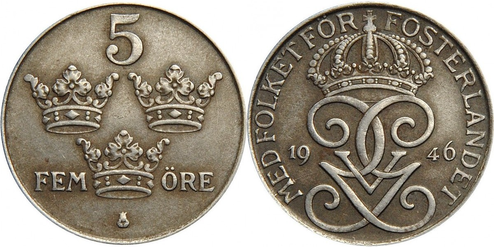 Швеция 5 эре, 1942 - 1950 Король Густав V XF