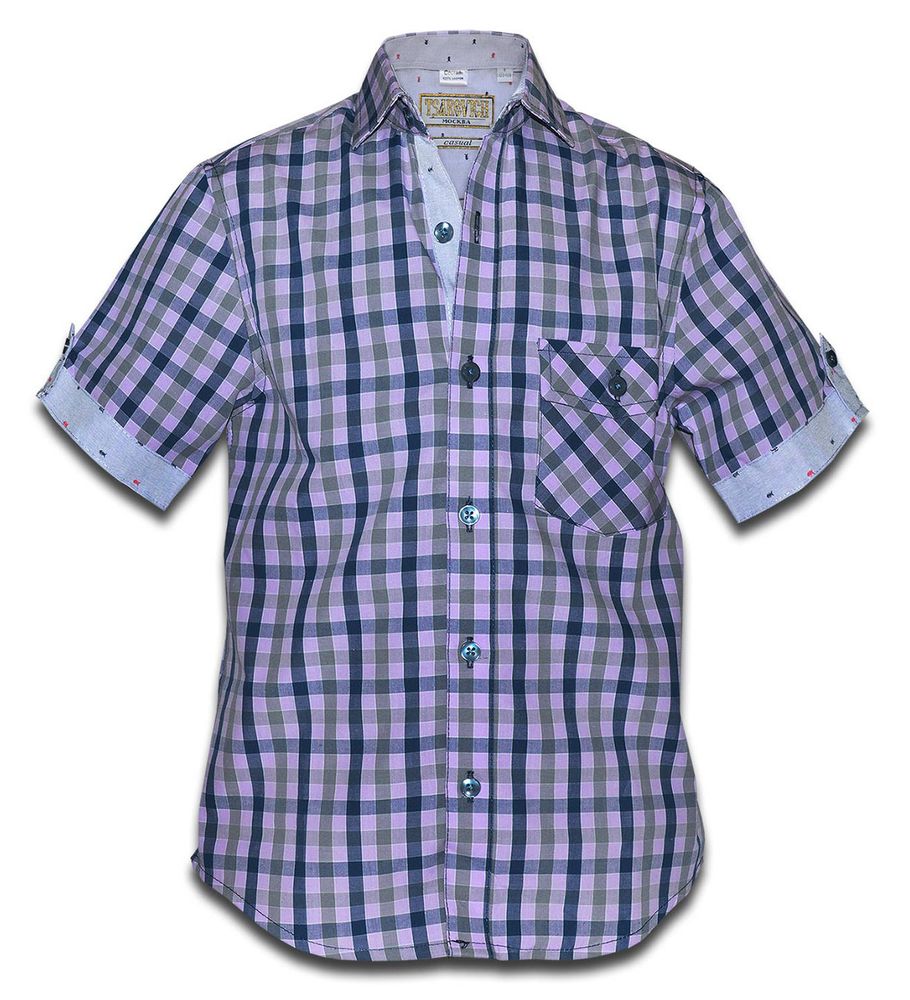 Рубашка в сине-сиреневую клетку с коротки рукавом TSAREVICH