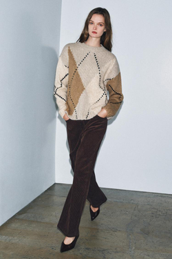 ZARA ТРИКОТАЖНЫЙ ДЖЕМПЕР С УЗОРОМ «РОМБЫ», БЕЖЕВЫЙ