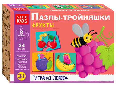 Пазлы деревянные развивающие 24 элемента "Пазлы-тройняшки. Фрукты"