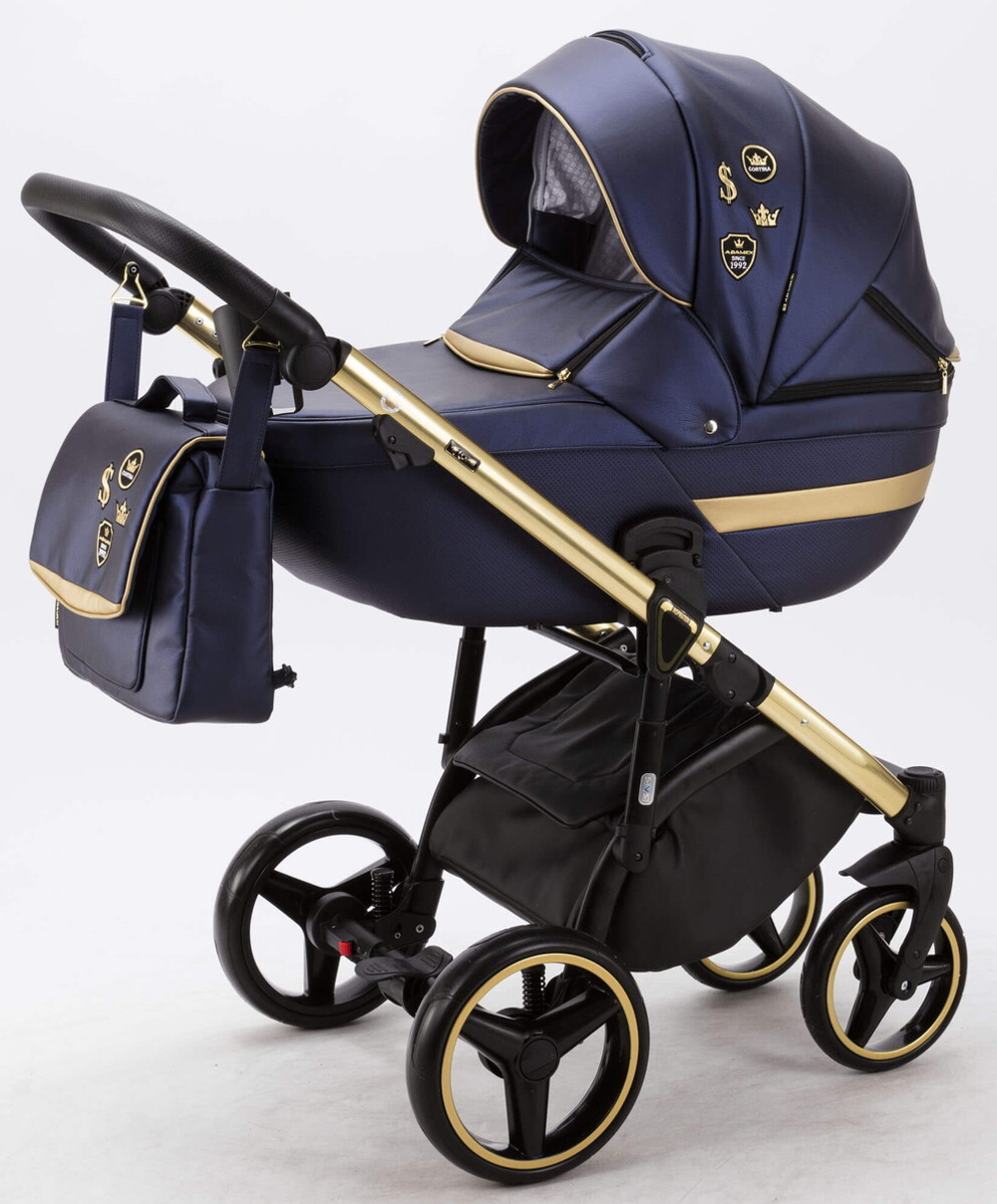 Детская коляска Adamex Cortina Deluxe 3 в 1 CT336 (Т.СИН. КОЖА+ЗОЛОТО.ОТДЕЛКА+ ЗОЛОТ. РАМА)