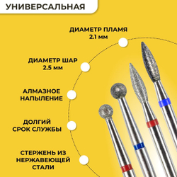 Комплект фрез для маникюра и педикюра, Шар 2.5 и Пламя 2.1, мелкая и средняя зернистость, 4 штуки