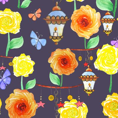 Цветочный сад при свете фонарей