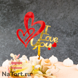 Топпер надпись «I Love You» золотой, с красными сердцами