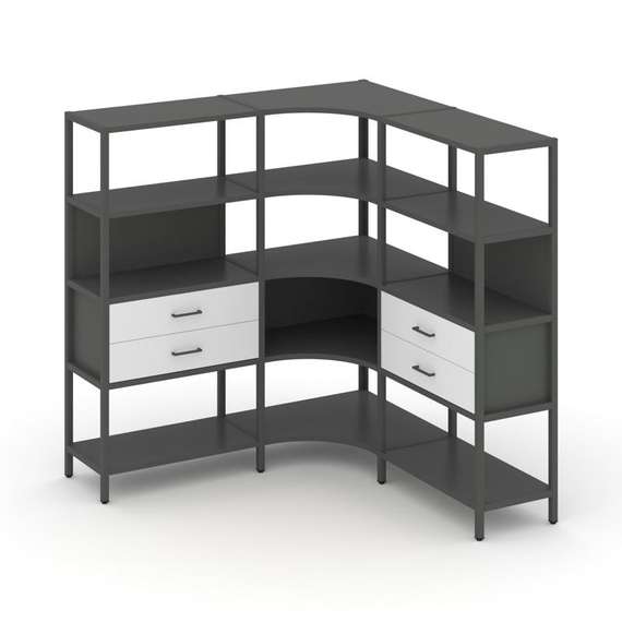 Shelf System Трехсекционный угловой стеллаж четырехярусный с ящиками SN.STMU-431 Антрацит/Белый/Мета