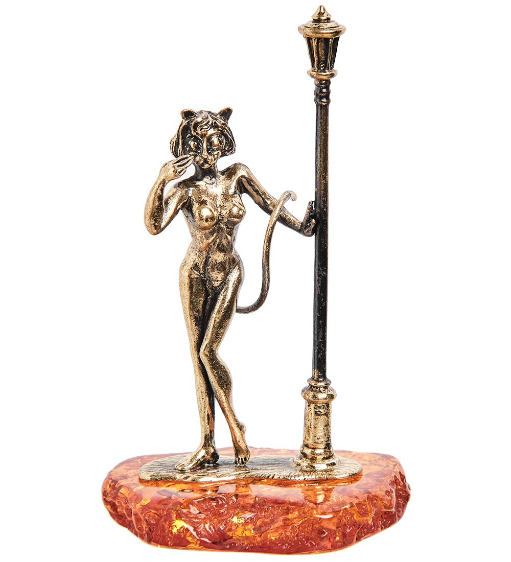 Народные промыслы AM- 381 Фигурка «Кошечка под фонарем» (латунь, янтарь)