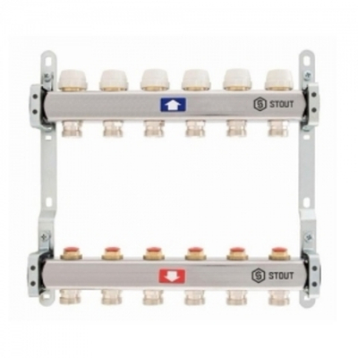 Коллекторная группа STOUT - 1" на 2 контура 3/4" (нерж.сталь, с вентилями)