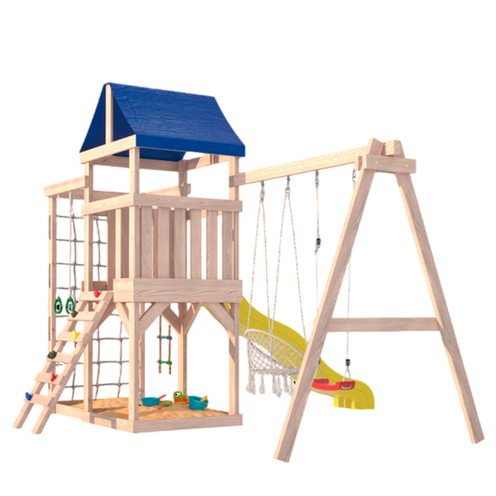 Детская площадка неокрашенная Fun Land с сеткой стенкой и плетенным креслом