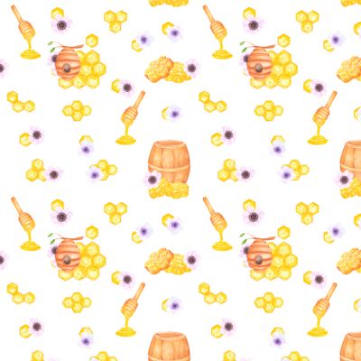 Бочонок меда с сотами, ульем и сиреневыми астрами