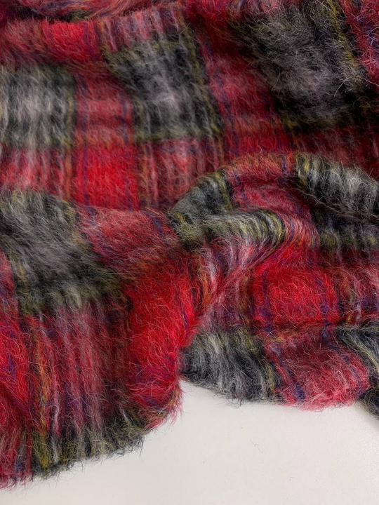 Пальтовая принт клетка, серый/красный/черный, шерсть, ворс