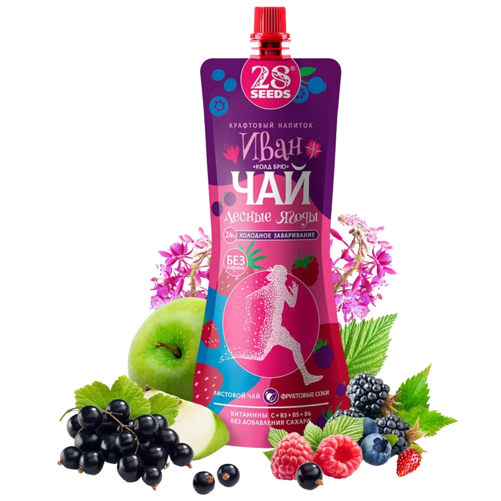 Иван-чай «Колд брю» Лесные ягоды 28SEEDS, 250 мл, дой-пак на фоне лесных ягод