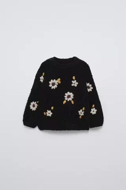ZARA СВИТЕР С ВОЛНИСТОЙ КРОМКОЙ И ЦВЕТОЧНОЙ ВЫШИВКОЙ, ЧЕРНЫЙ