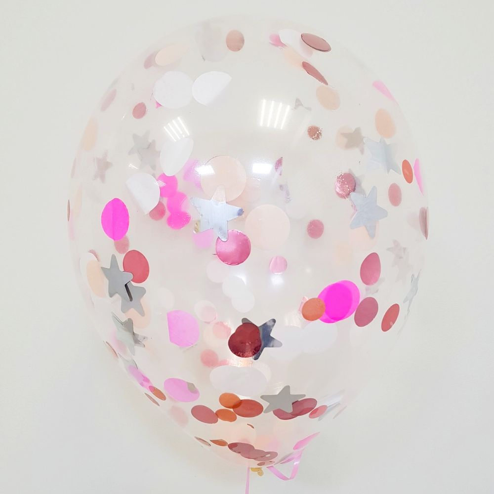 Латексный воздушный шар, с конфетти розовое золото/звезды/белый/фуше