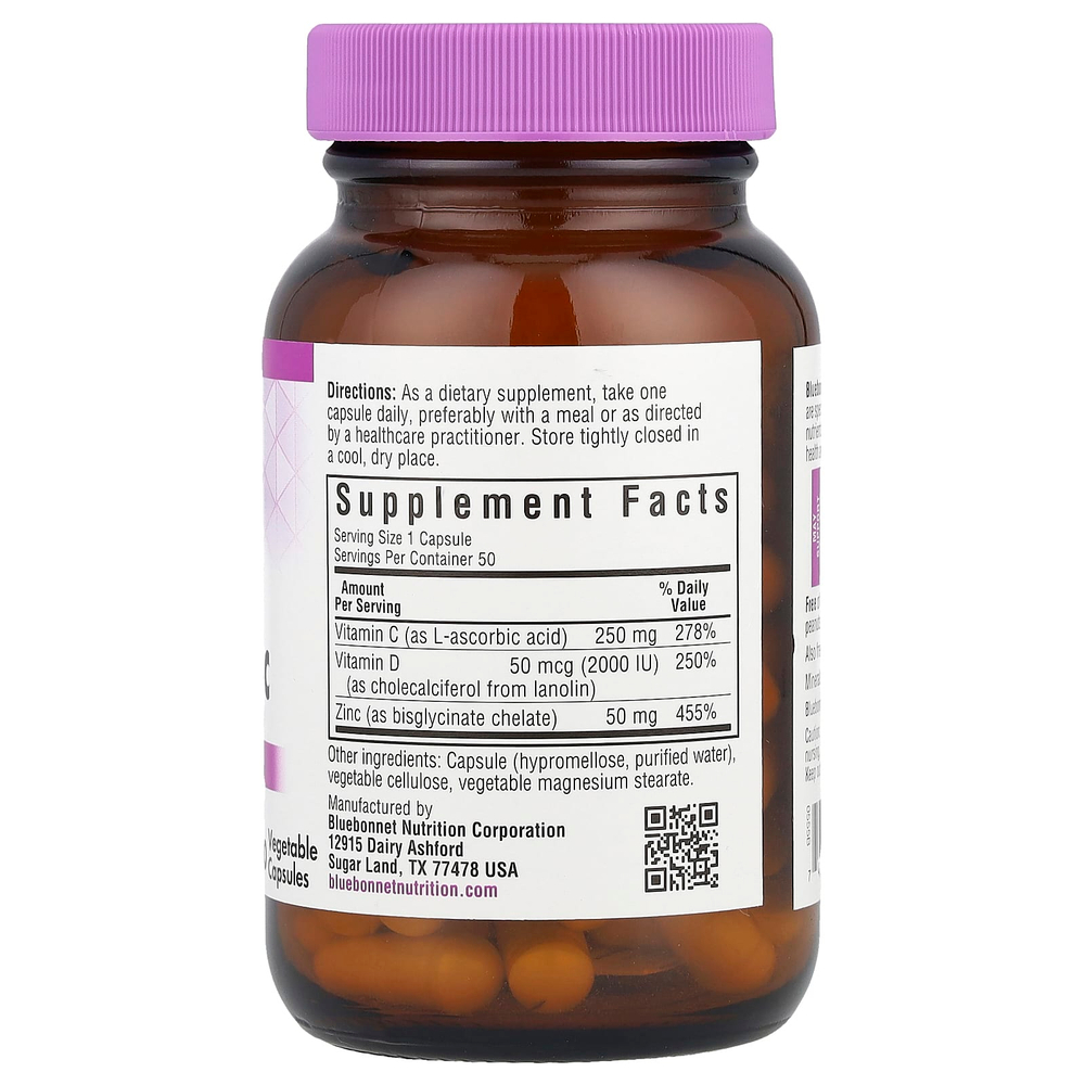 Bluebonnet Nutrition, витамины C, D3 и цинк, 50 растительных капсул