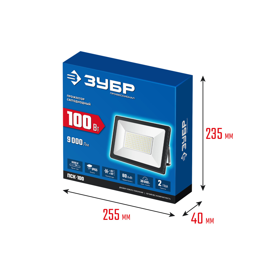 ЗУБР ПСК-100, 100 Вт, 6500 К, IP 65, светодиодный прожектор, Профессионал (57141-100)