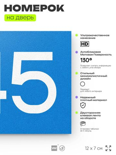 Номер на дверь 945, табличка на дверь для офиса, квартиры, кабинета, аудитории, склада, голубая 120х70 мм, Айдентика Технолоджи