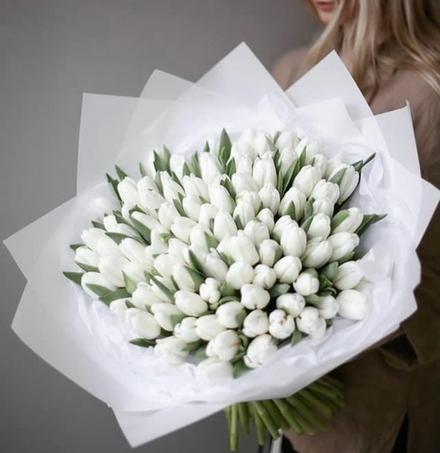 101 белый тюльпан премиального сорта в стильном оформлении от Флора Маркет