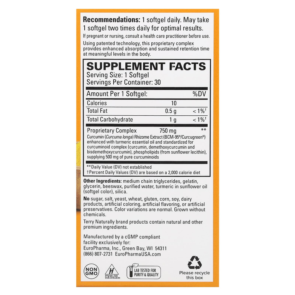 Terry Naturally, CuraMed, куркумин с улучшенной усвояемостью, 750 мг, 30 капсул