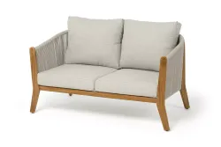 "Сидней" диван 2-местный плетеный из роупа, основание тик, каркас алюминий бежевый, роуп бежевый, ткань бежевая