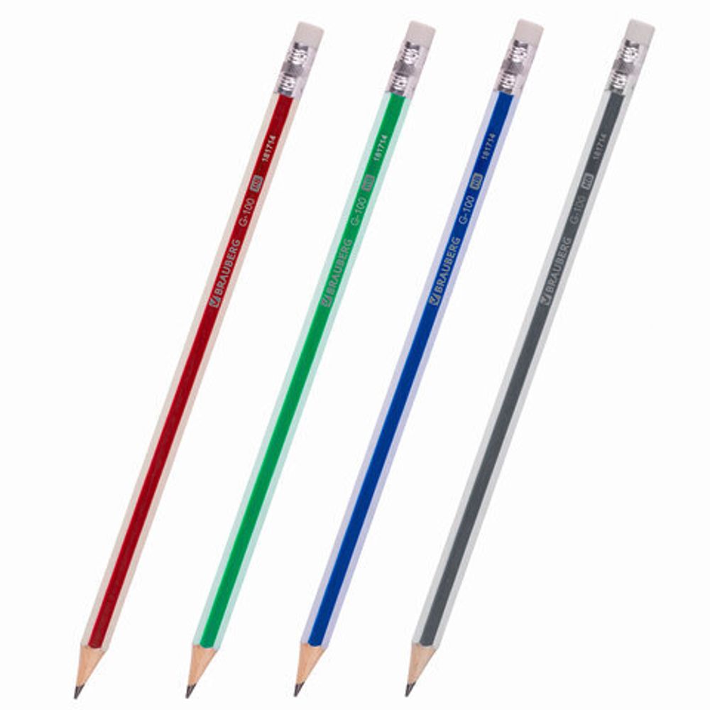 Карандаш чернографитный BRAUBERG "G-100", 1 шт., HB, с ластиком, корпус ассорти, 181714